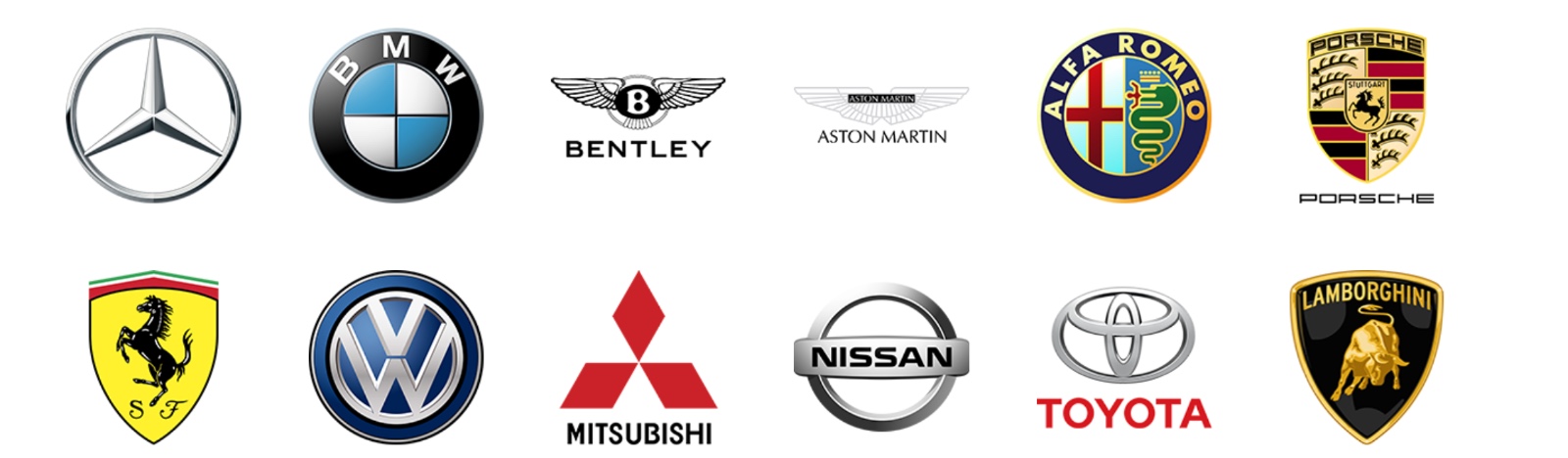 Mercedes-Benz, BMW, Bentley, Aston Martin, Alfa Romeo, Porsche, Ferrari, Volkswagen, Mitsubishi, Nissan, Toyota and Lamborghini